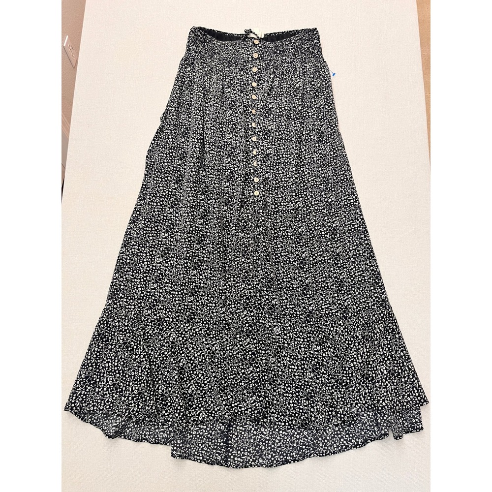 Promesa Maxi Skirt Womens M Black White Floral Excellent Boho Button Front Slit